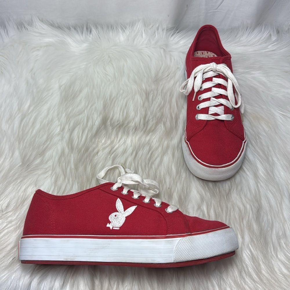 Playboy Red Canvas Bunny Logo‎ Sneakers With White Laces Sz 9
